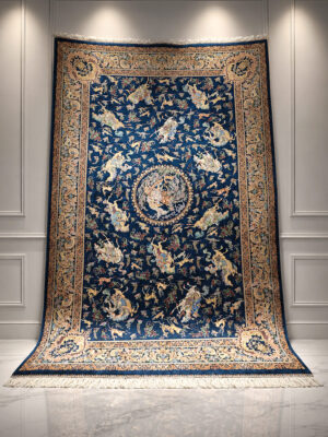 Шелковый ковер Qum, сцены охоты, Иран, Shekari blue GMS35